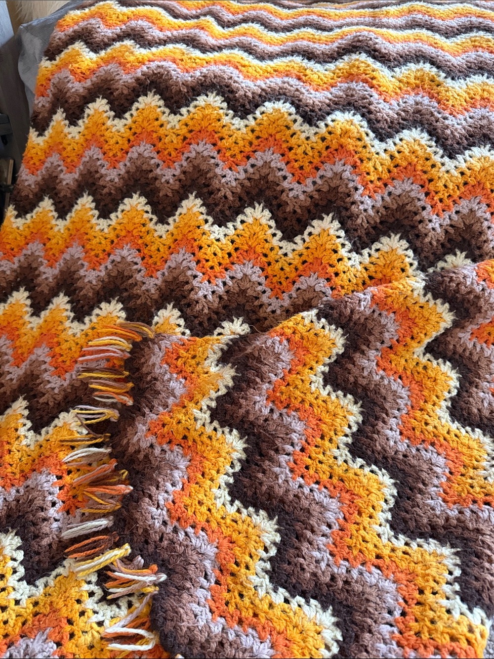 Hand Crafted Zigzag Chevron Throw in Yellow, Orange, Brown, Cream - Picture 7 of 7